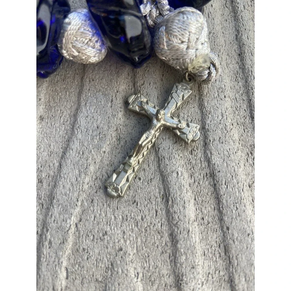 Vintage Italian Blue Murano Glass Rosary Beads Silver Tone Crucifix Handmade